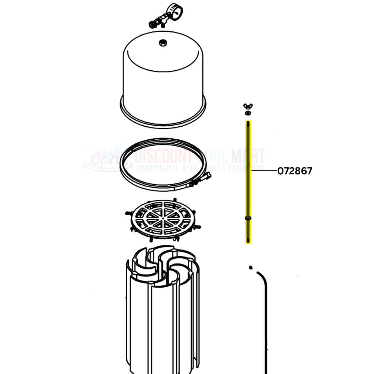 Pentair Purex Filter Rod Assembly 072867 parts diagram from Discount Pool Mart DPM, showcasing key components for pool filtration.