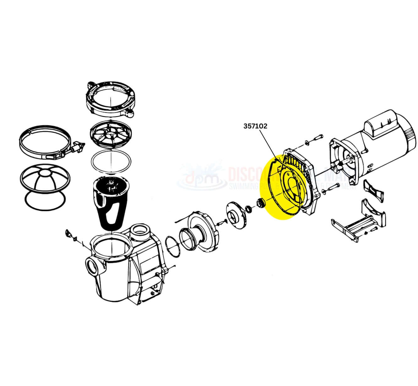 Diagram of Pentair Whisperflo and Intelliflo pump parts, highlighting Seal Plate Gasket 357102, available at Discount Pool Mart DPM.