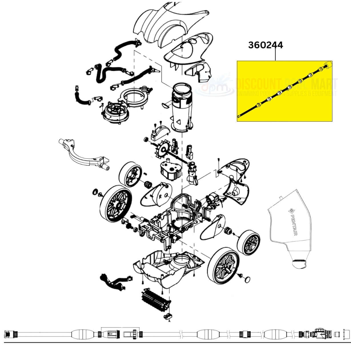 Pentair Sweep Hose Kit 360244 for Racer Cleaners - OEM parts from Discount Pool Mart DPM, diagram view.