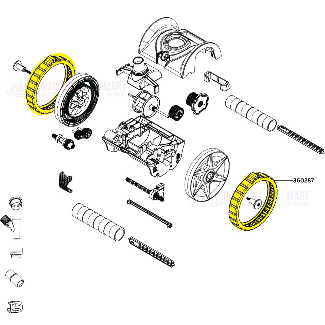 Pentair Tire Kit 360287 parts diagram for Rebel and Warrior Cleaners from Discount Pool Mart DPM. High-quality replacement tires.