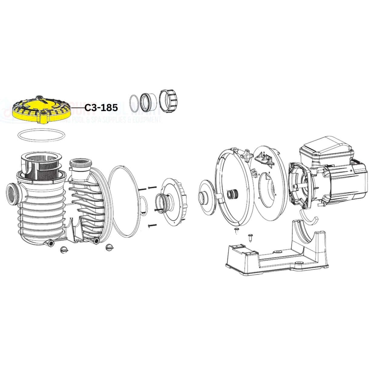 Pentair Trap Cover Lid C3-185 illustration for Sta-Rite pumps from Discount Pool Mart, showing parts and assembly.
