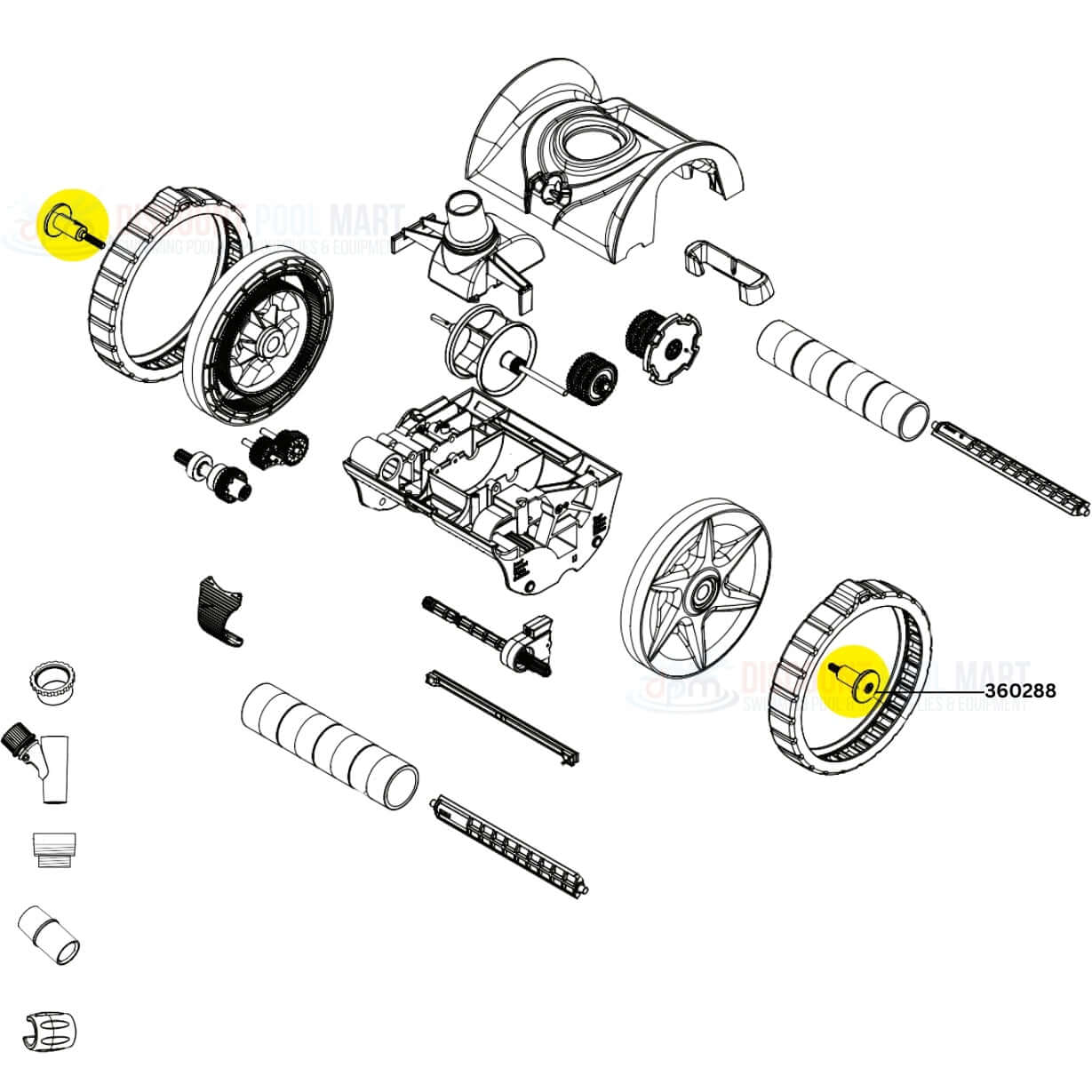 Pentair Wheel Hub Kit for Rebel and Warrior Cleaners 360288 diagram from Discount Pool Mart DPM for pool maintenance.