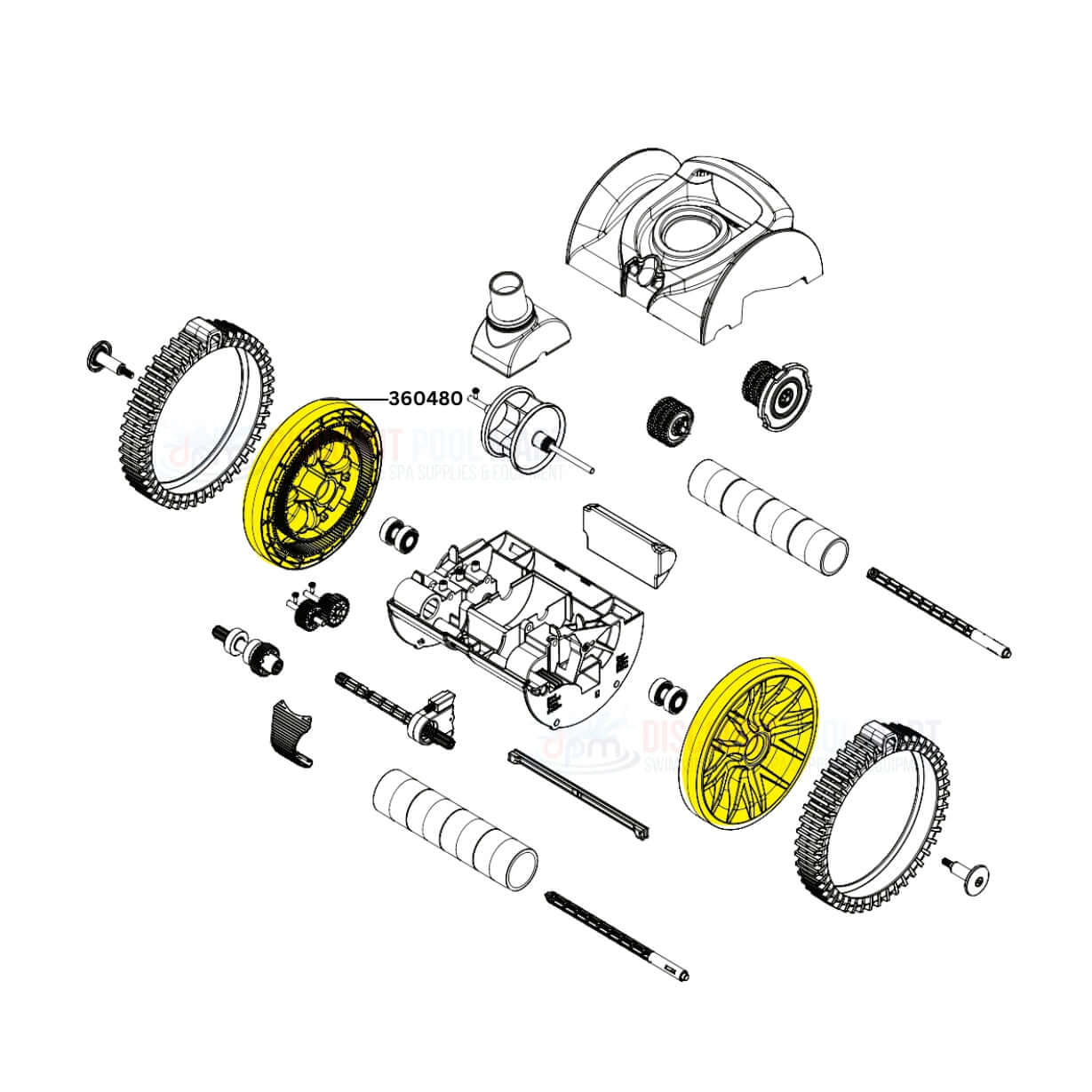 Pentair Rebel Cleaner parts diagram, including 360480 wheels and components by Discount Pool Mart DPM.