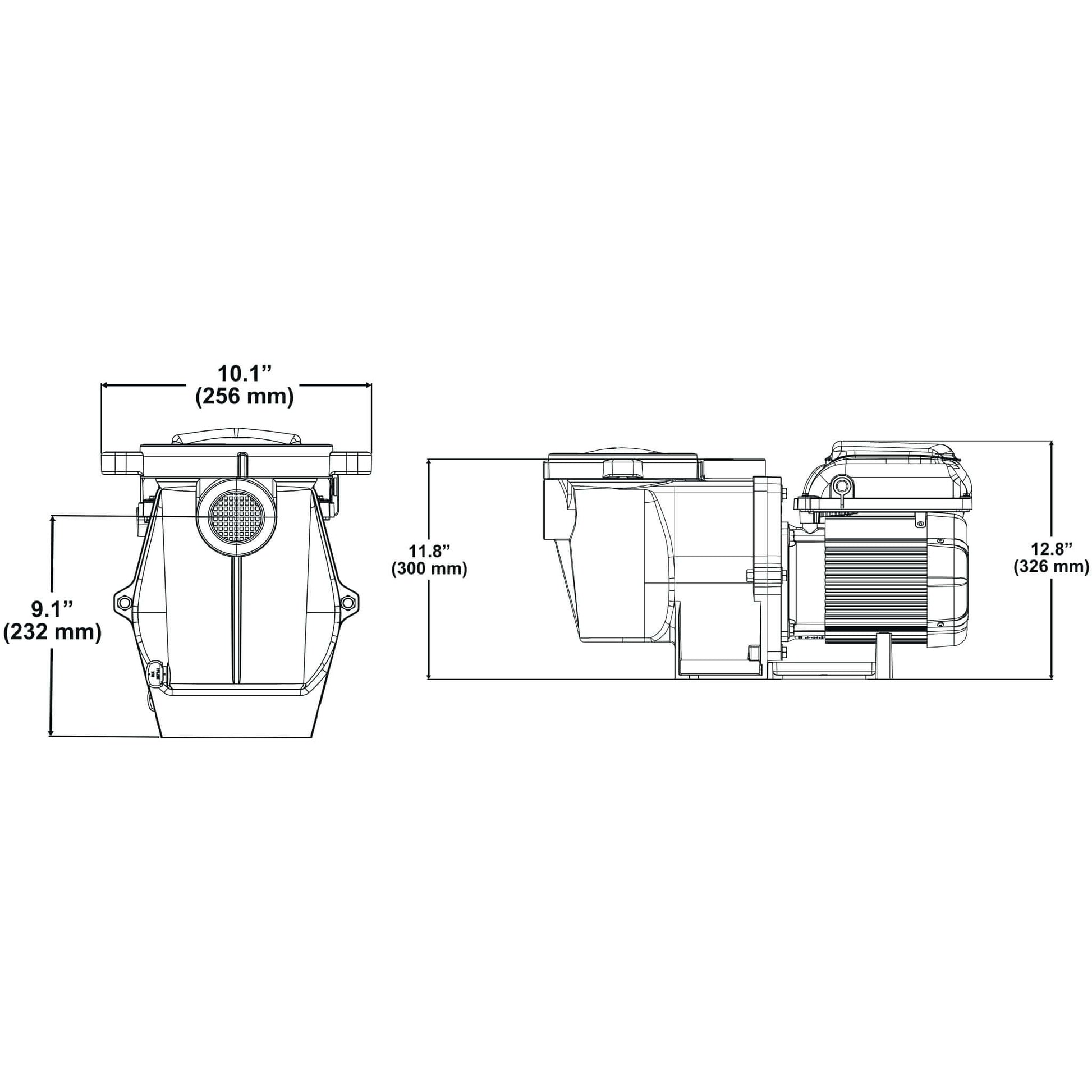 Dimensions of Pentair WhisperFlo VST Variable Speed Pool Pump 011533, measuring 10.1" x 9.1" x 12.8".