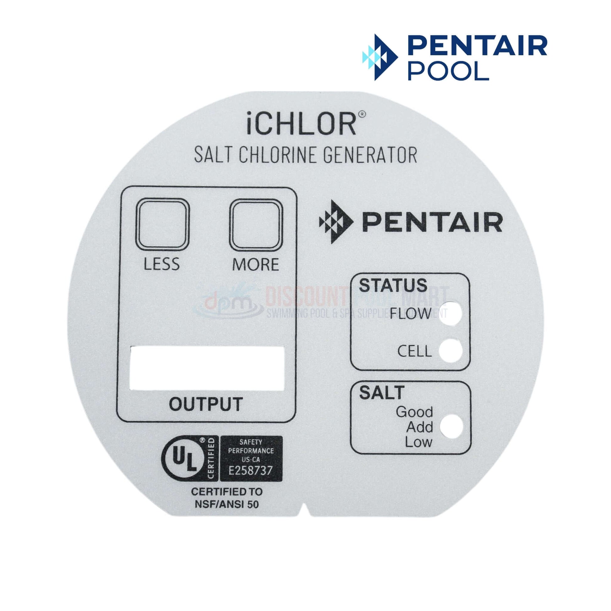 Pentair iChlor control panel for salt chlorine generator, with indicators for status, flow, and salt levels | Discount Pool Mart DPM