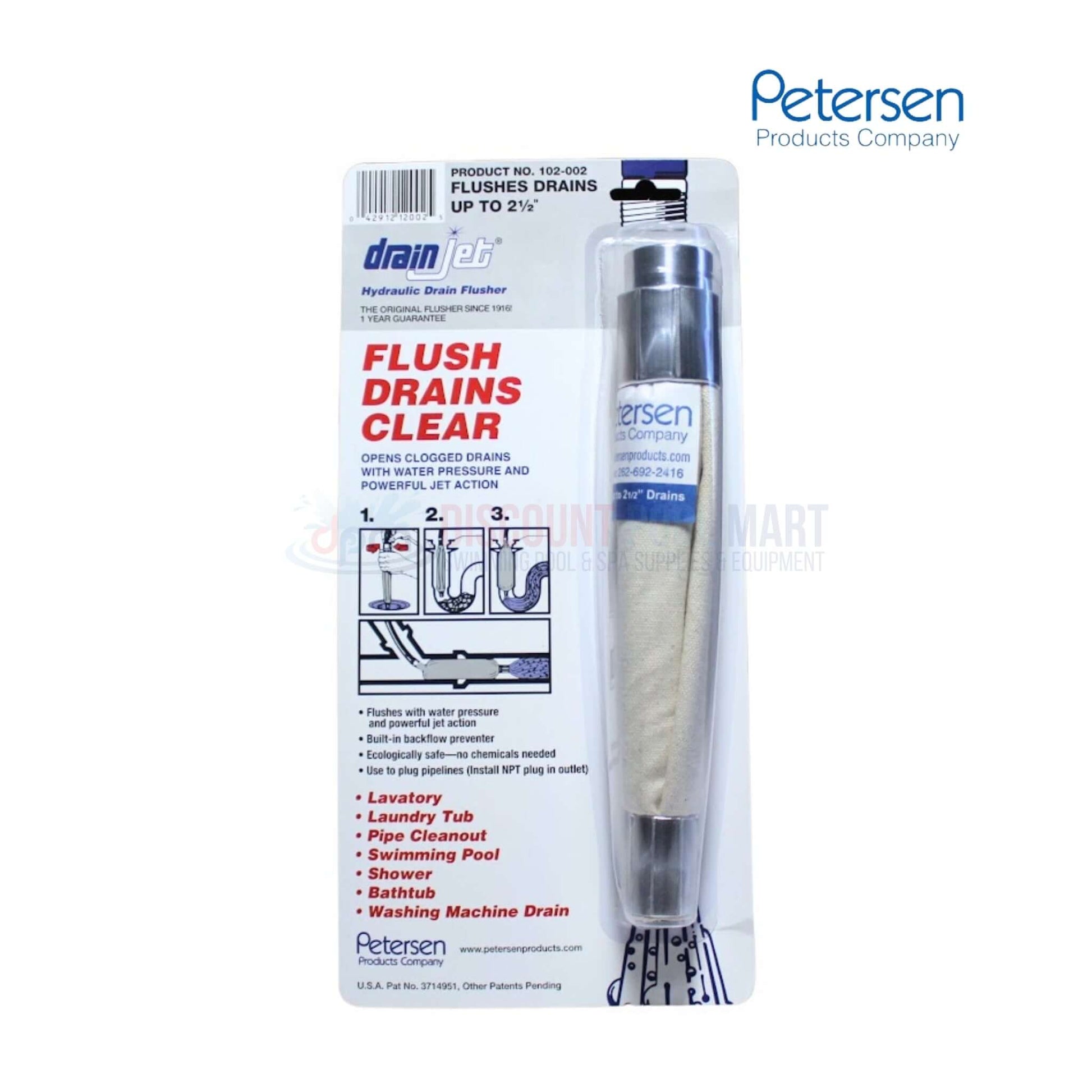 Petersen Hydraulic Drain Flusher by Discount Pool Mart DPM, clears clogged drains 1.5" to 2.5" in diameter, model 102-002.