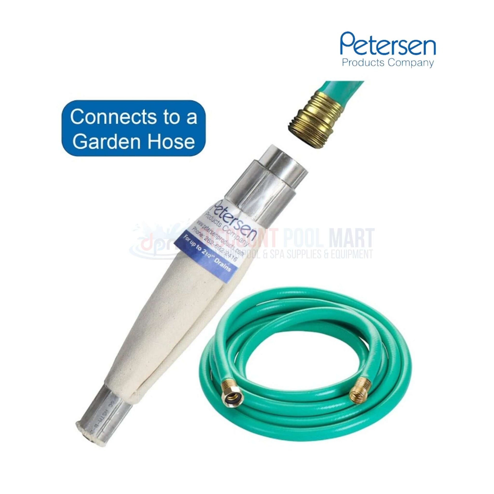 Petersen Hydraulic Drain Flusher connects to garden hose from Discount Pool Mart DPM, ideal for clearing clogged drains.