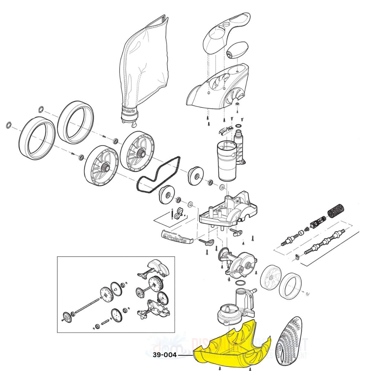 Polaris Bottom Housing Assembly 39-004 assembly diagram for 3900 Sport and P39 cleaners by Discount Pool Mart DPM.