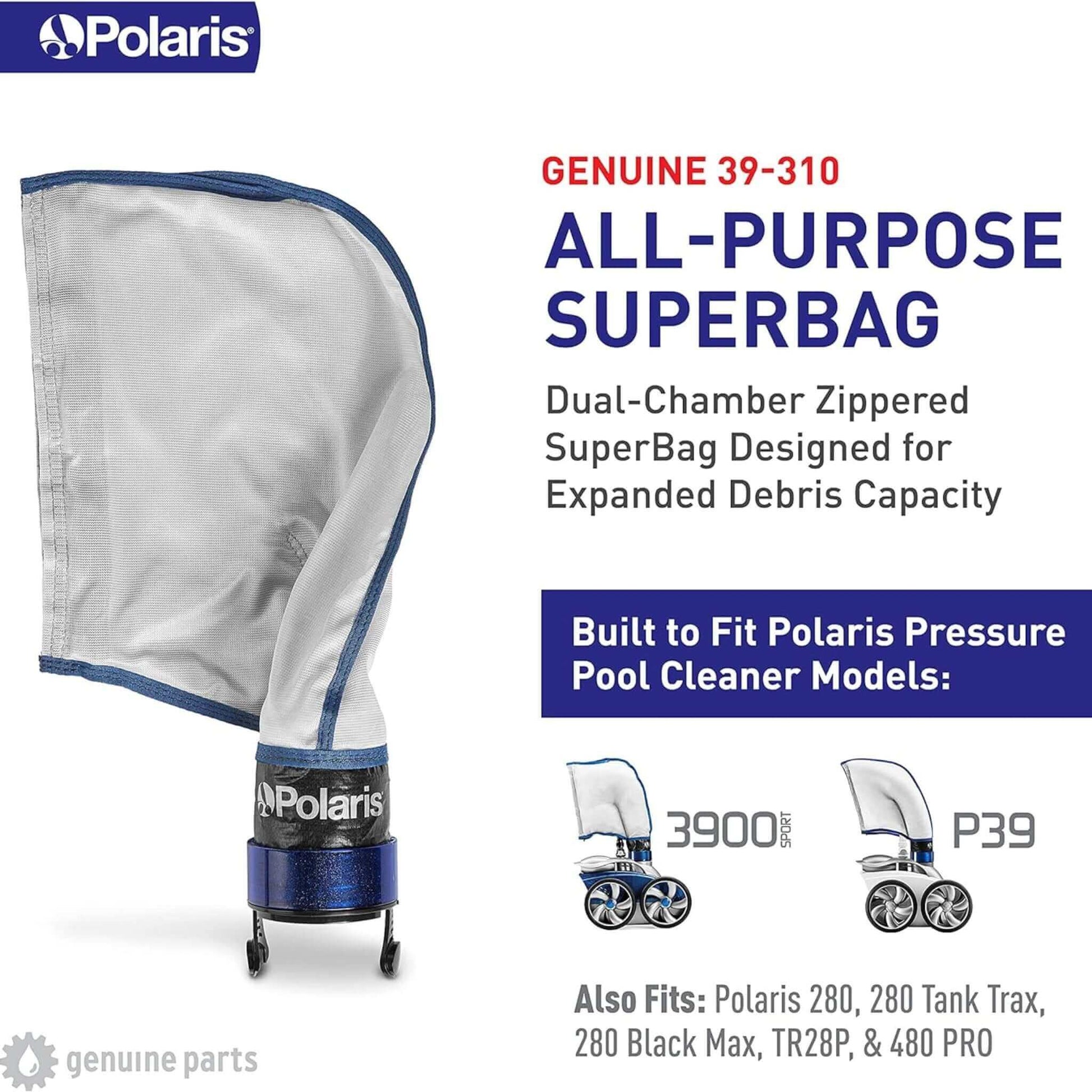 Polaris SuperBag 39-310 for pool cleaners. Dual-chamber design maximizes debris capacity. Available at Discount Pool Mart DPM.