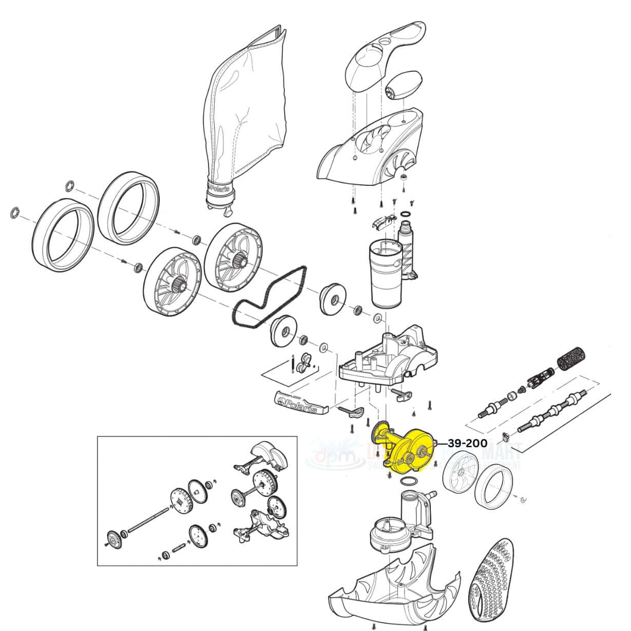 Diagram of Polaris Gearbox Assembly 39-200 for 3900 Sport and P39 Pool Cleaners at Discount Pool Mart DPM.