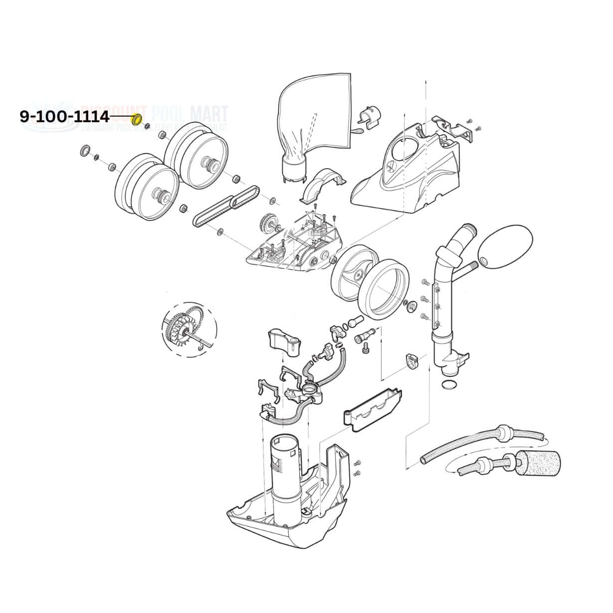 Exploded view diagram of Polaris Hub Cap 9-100-1114 for 360 and 380 cleaners from Discount Pool Mart DPM.