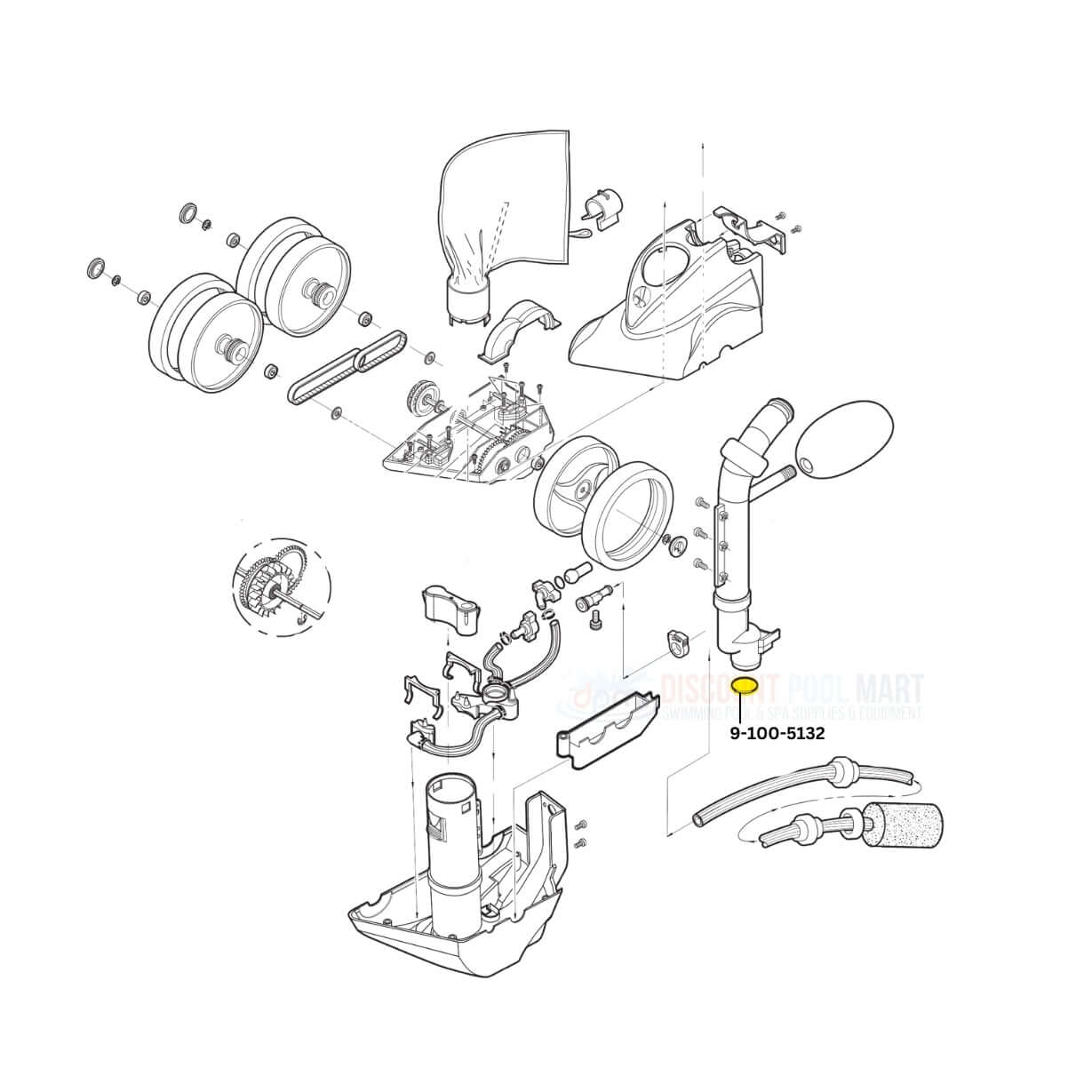Diagram of Polaris Cleaner parts highlighting O-Ring Feed Pipe, part number 9-100-5132 from Discount Pool Mart DPM.