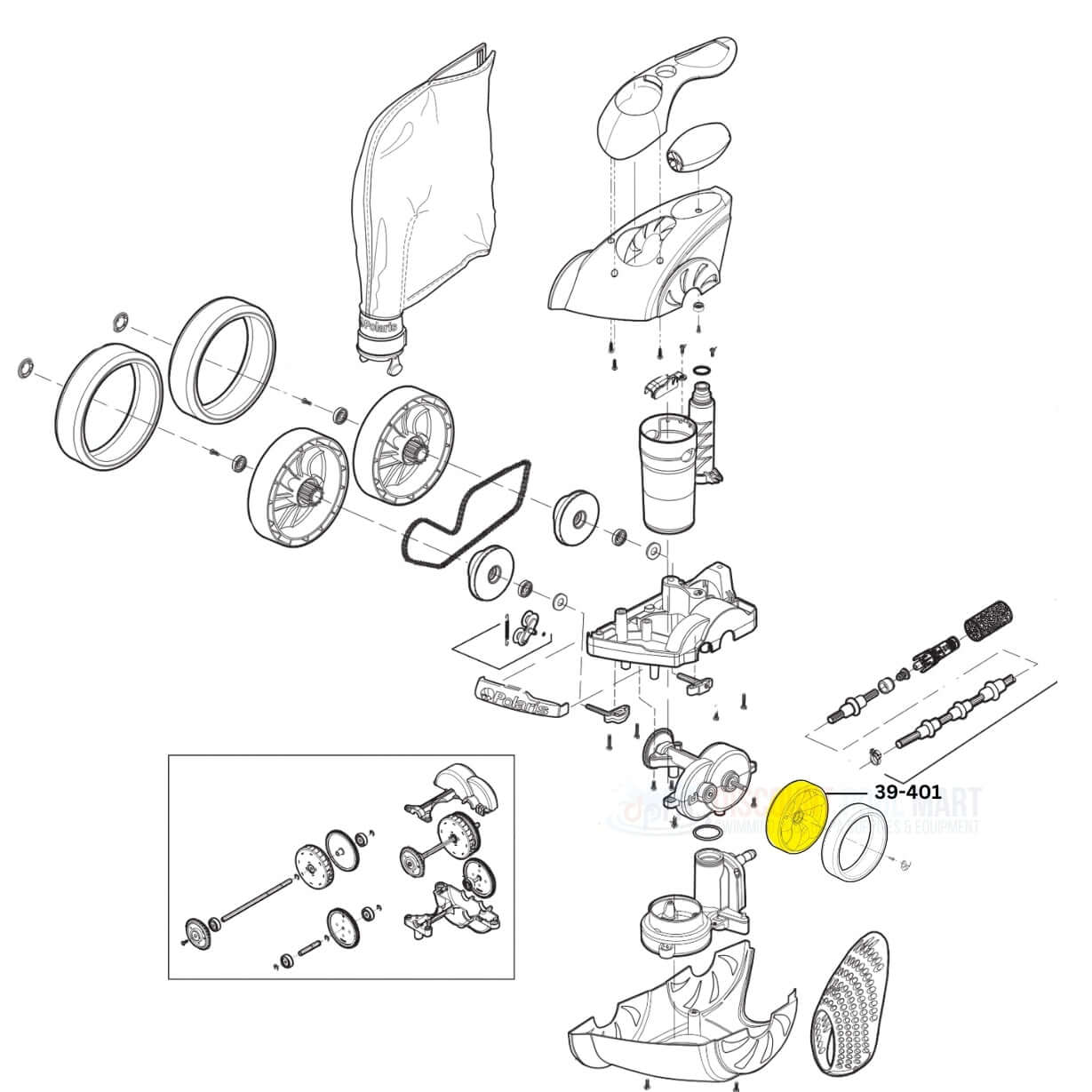 Polaris 39-401 single side wheel parts diagram for 3900 Sport and P39 cleaners from Discount Pool Mart DPM.