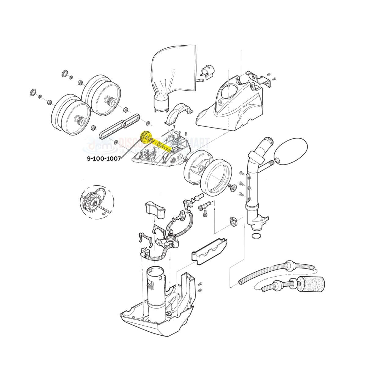 Polaris Transfer Pulley and Drive Shaft Assembly 9-100-1007 diagram, parts illustration from Discount Pool Mart DPM.