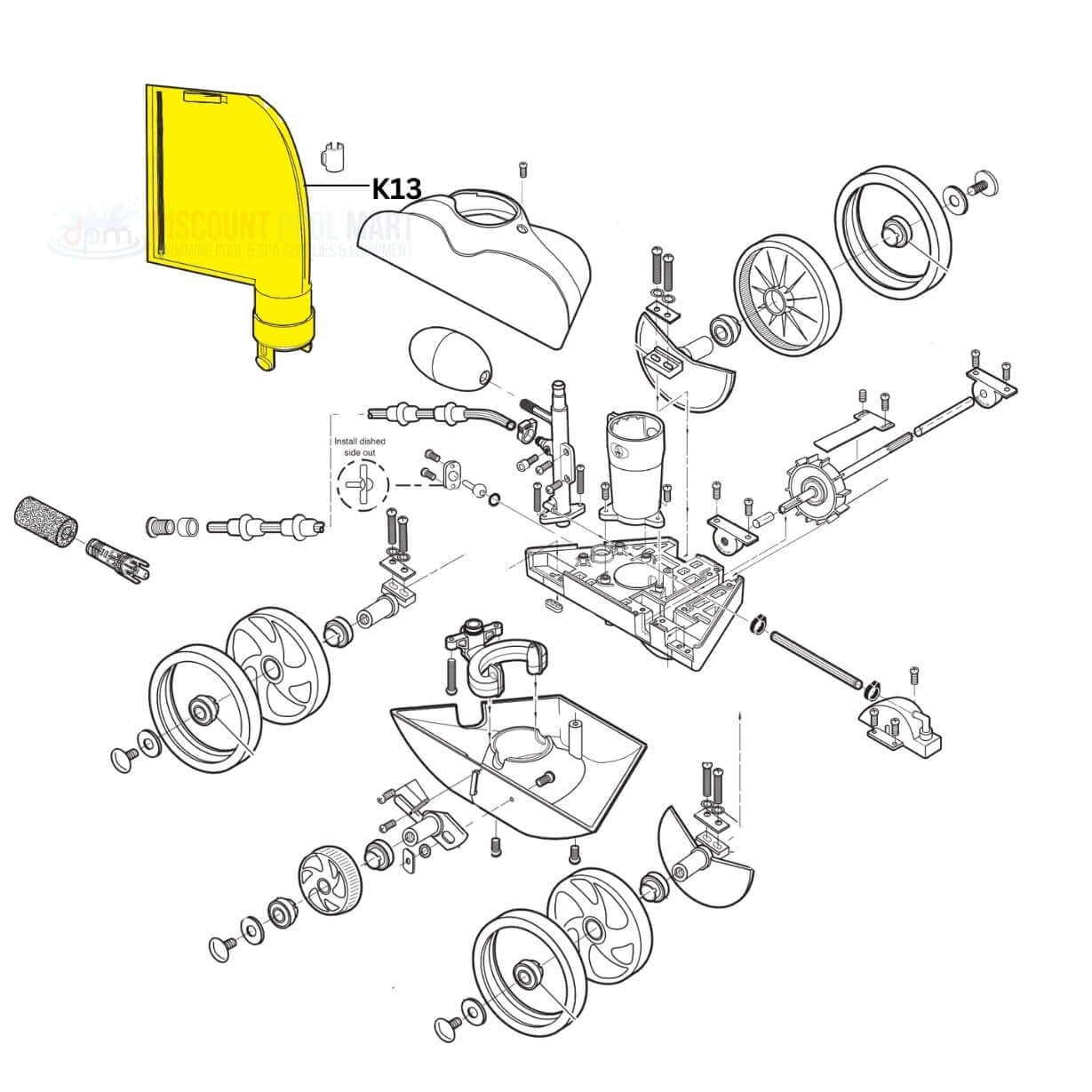 Exploded view diagram of Polaris K13 zippered bag and parts for 280 cleaners from Discount Pool Mart DPM.