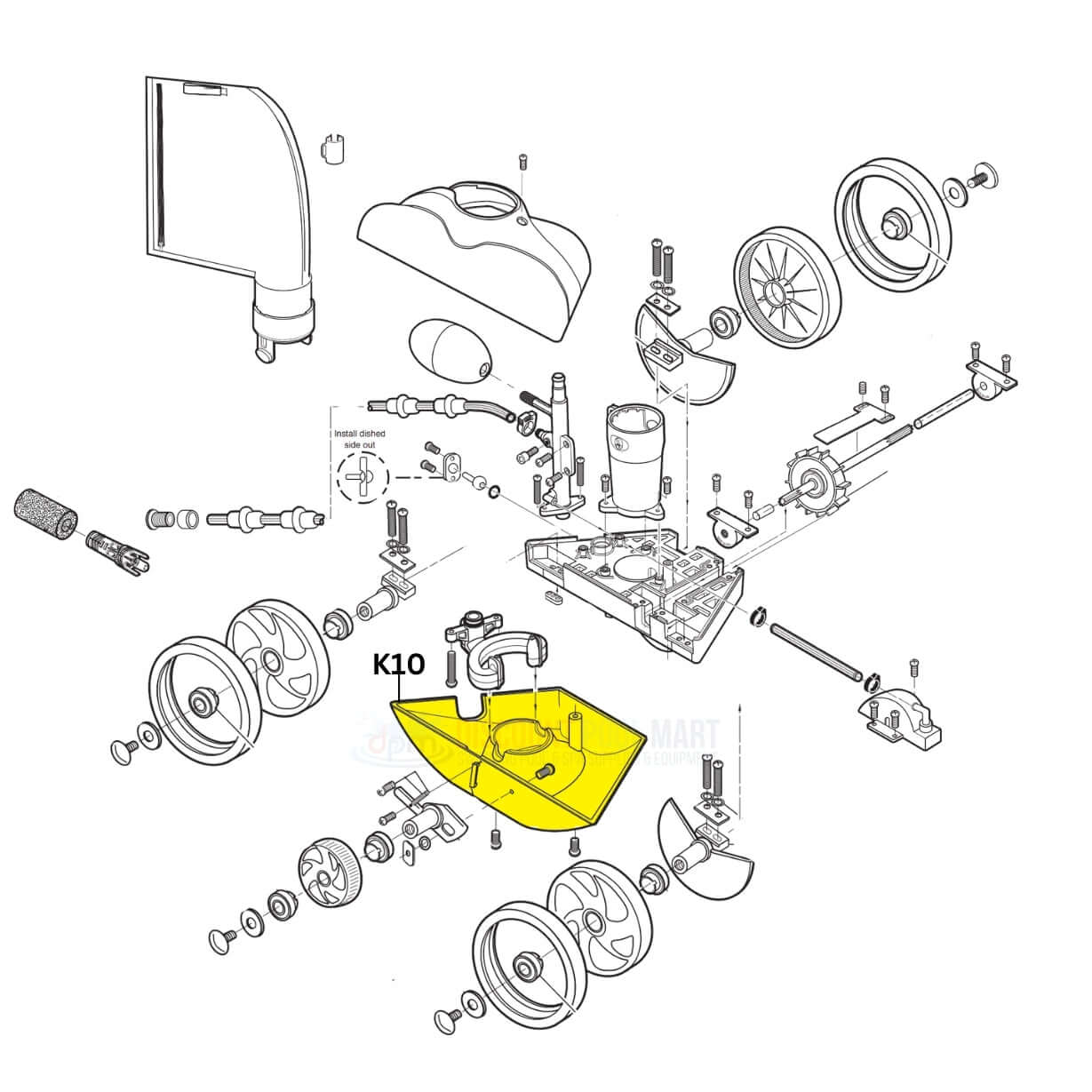 Polaris Bottom for Vac-Sweep 280 Cleaner K10 assembly diagram, part of Discount Pool Mart DPM's OEM replacement components.