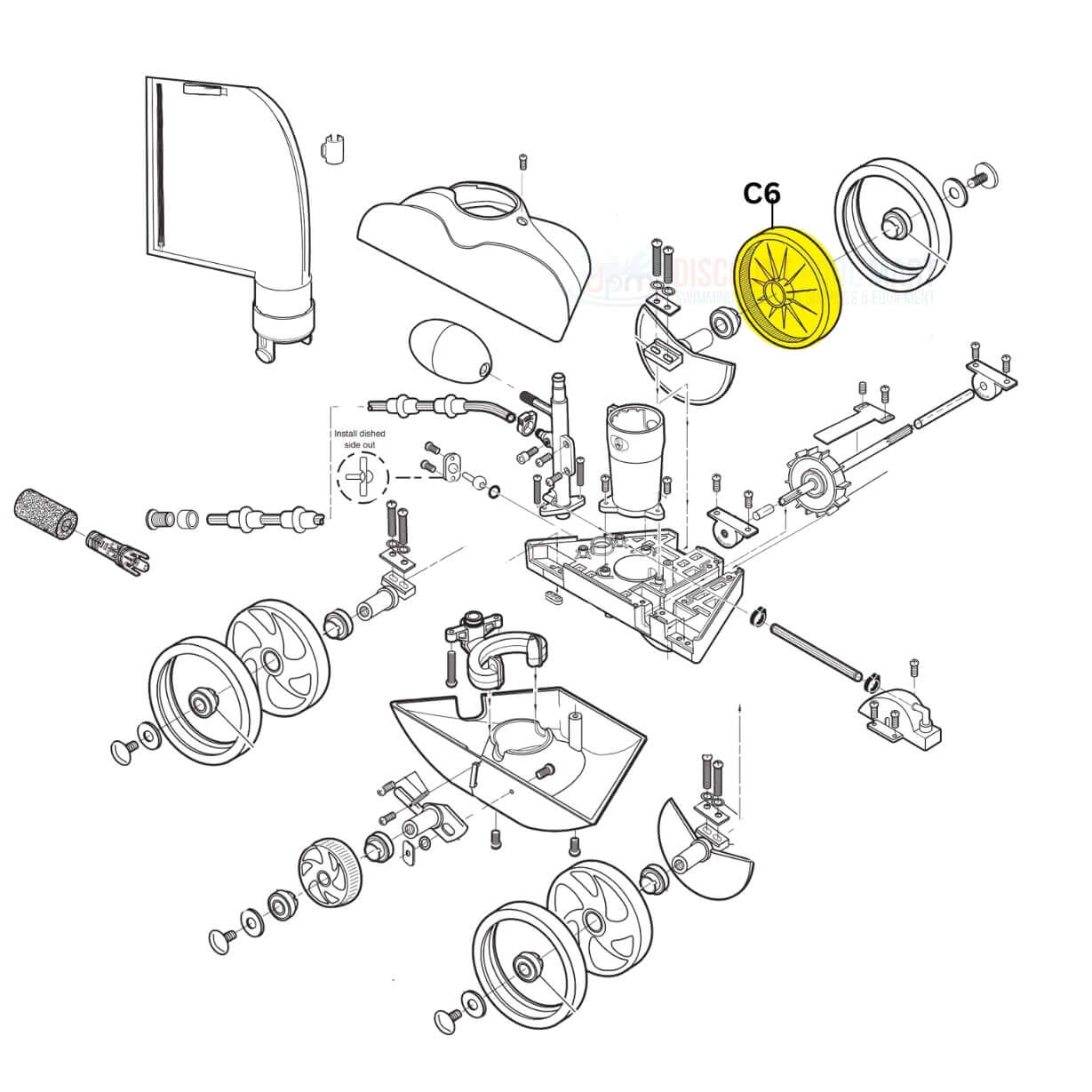 Diagram of Polaris Vac-Sweep 180 & 280 parts, highlighting C6 large wheel from Discount Pool Mart DPM.
