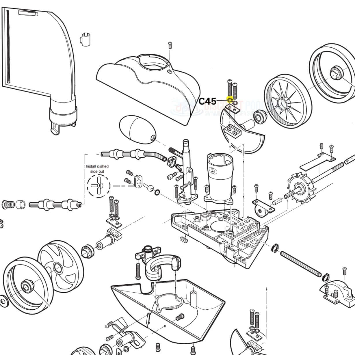 Polaris C45 parts diagram for Vac-Sweep 180 and 280 cleaners, featuring lock washers essential for pool cleaner maintenance.