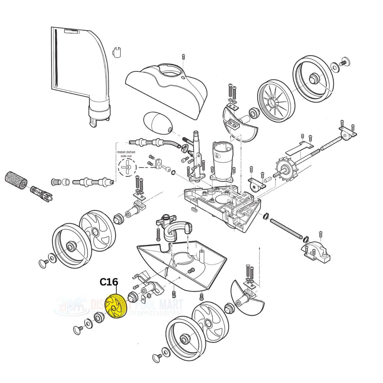 Diagram of Polaris Small Wheel C16 parts for Vac-Sweep 180 and 280 cleaners from Discount Pool Mart DPM.