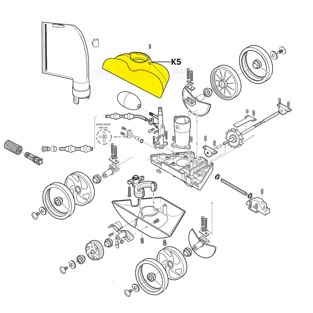 Polaris Top Cover K5 for 280 cleaners with parts diagram; Discount Pool Mart DPM replacement accessory.