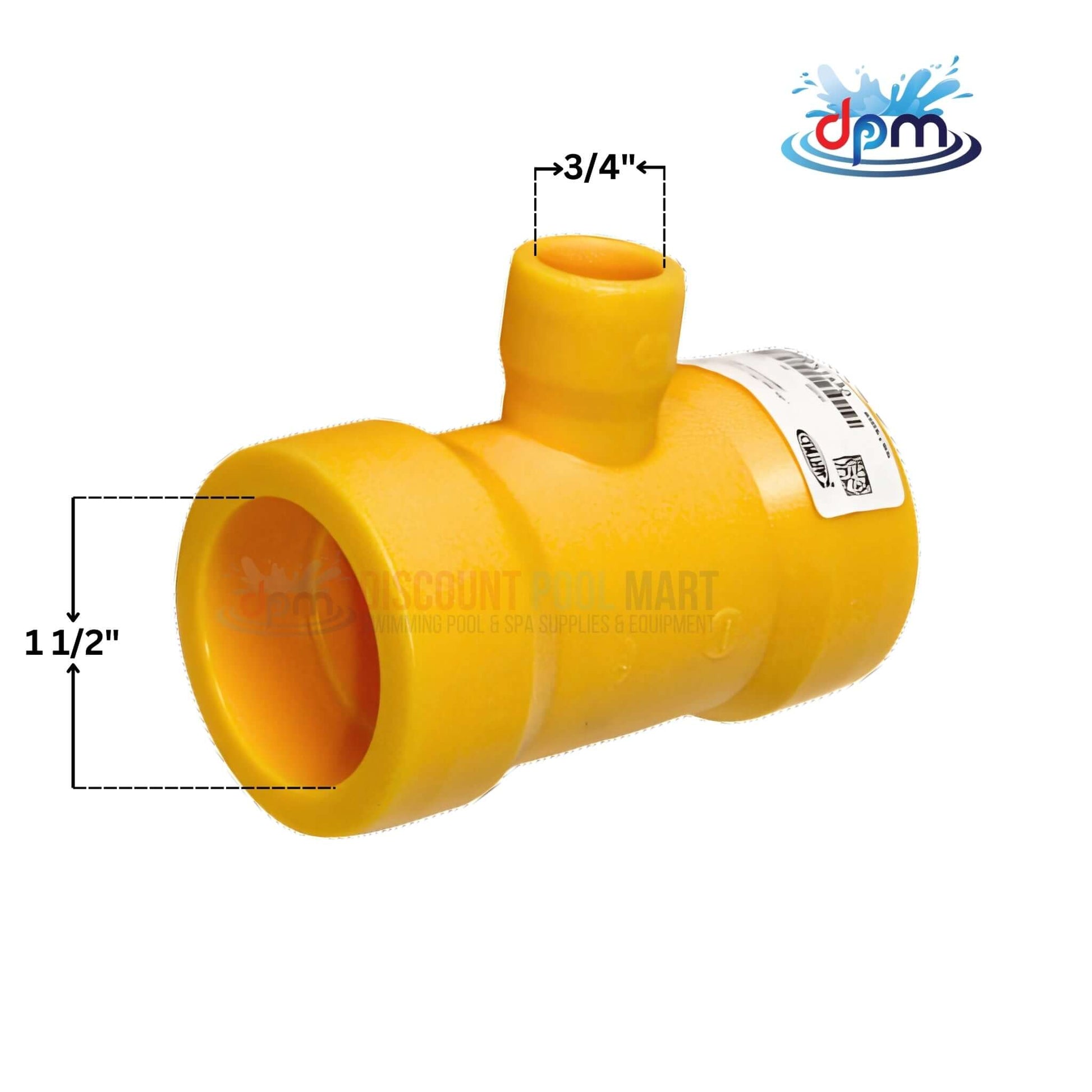 Poly Reducer Fusion Tee in yellow, 1.5" x 1.5" x 3/4", from Discount Pool Mart DPM for gas distribution systems.