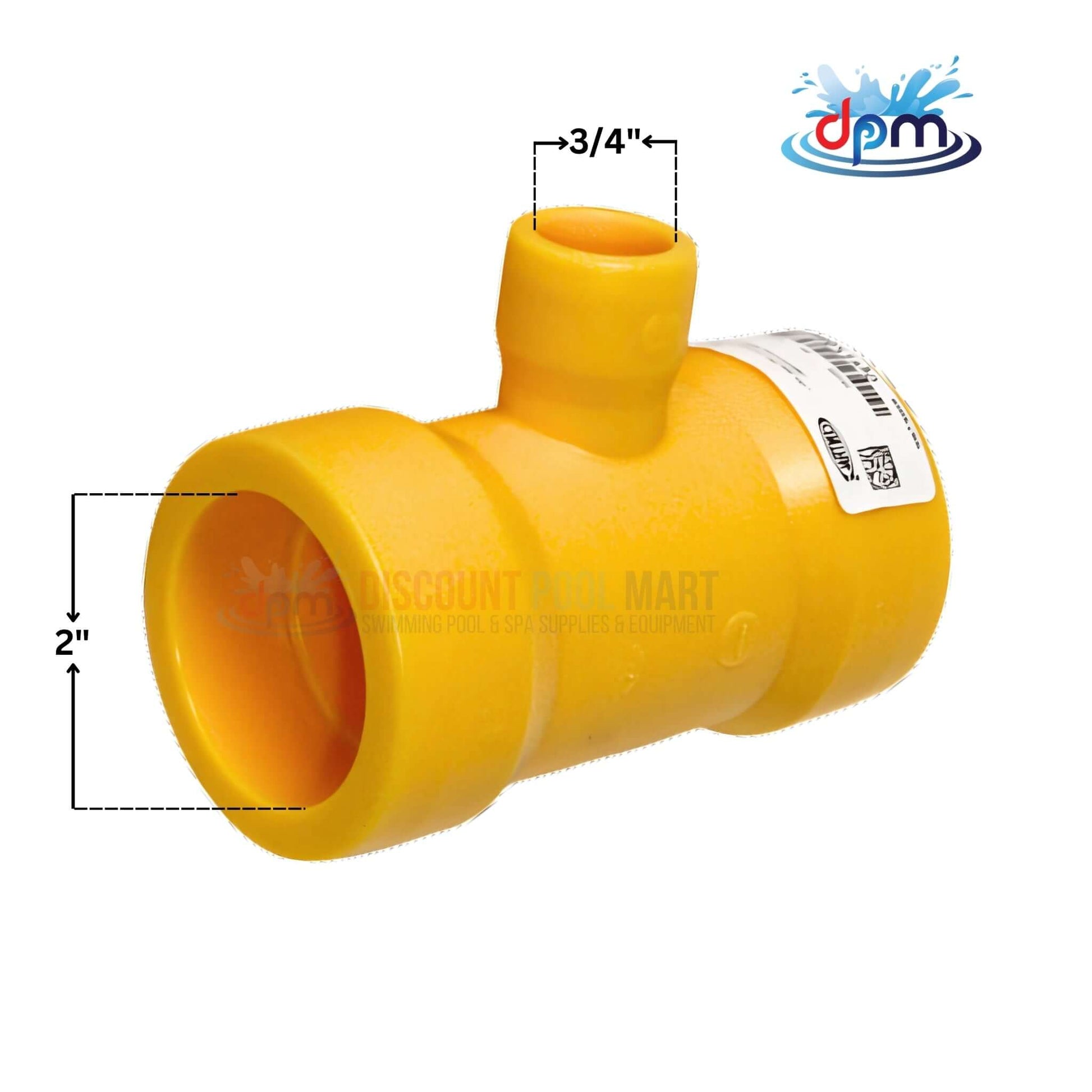 Poly Reducer Fusion Tee in yellow, dimensions 2" x 2" x 3/4", from Discount Pool Mart (DPM), ideal for gas connections.