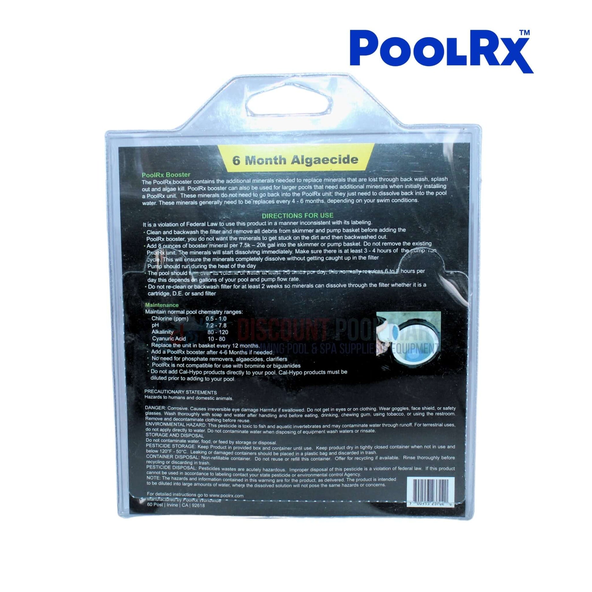 PoolRX Mineral Booster back packaging for 7.5k-20k pools, offered by Discount Pool Mart DPM.