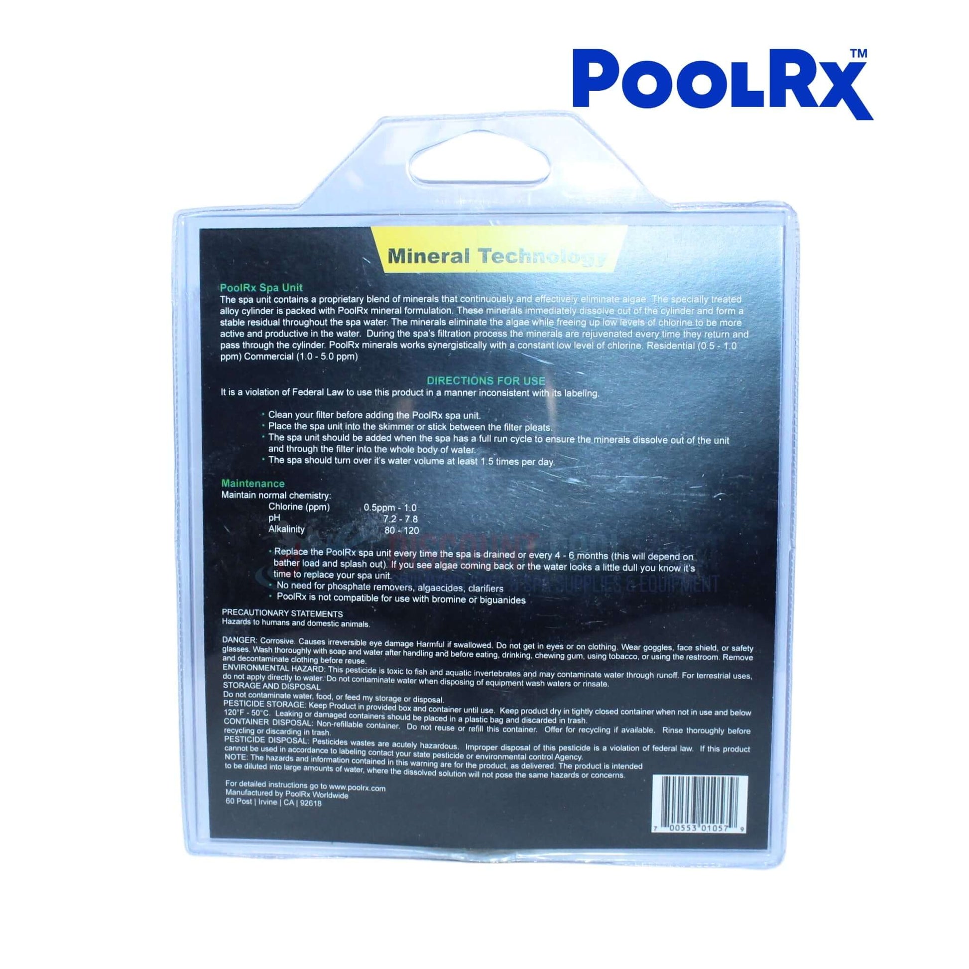 PoolRx Yellow Spa Unit 101057 directions; mineral technology for spas 100-400 gallons. Discount Pool Mart DPM.