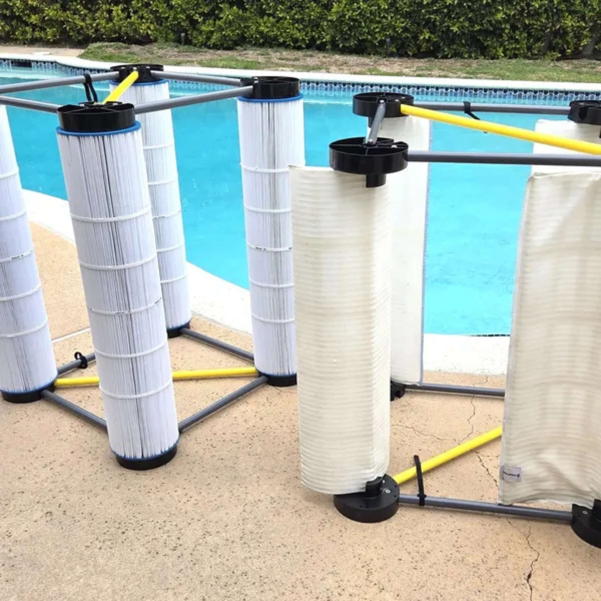 Pool Filter Buddy cleaning stand holding four cartridge filters by Discount Pool Mart DPM, SKU: Pool Filter Buddy 2 Pack.