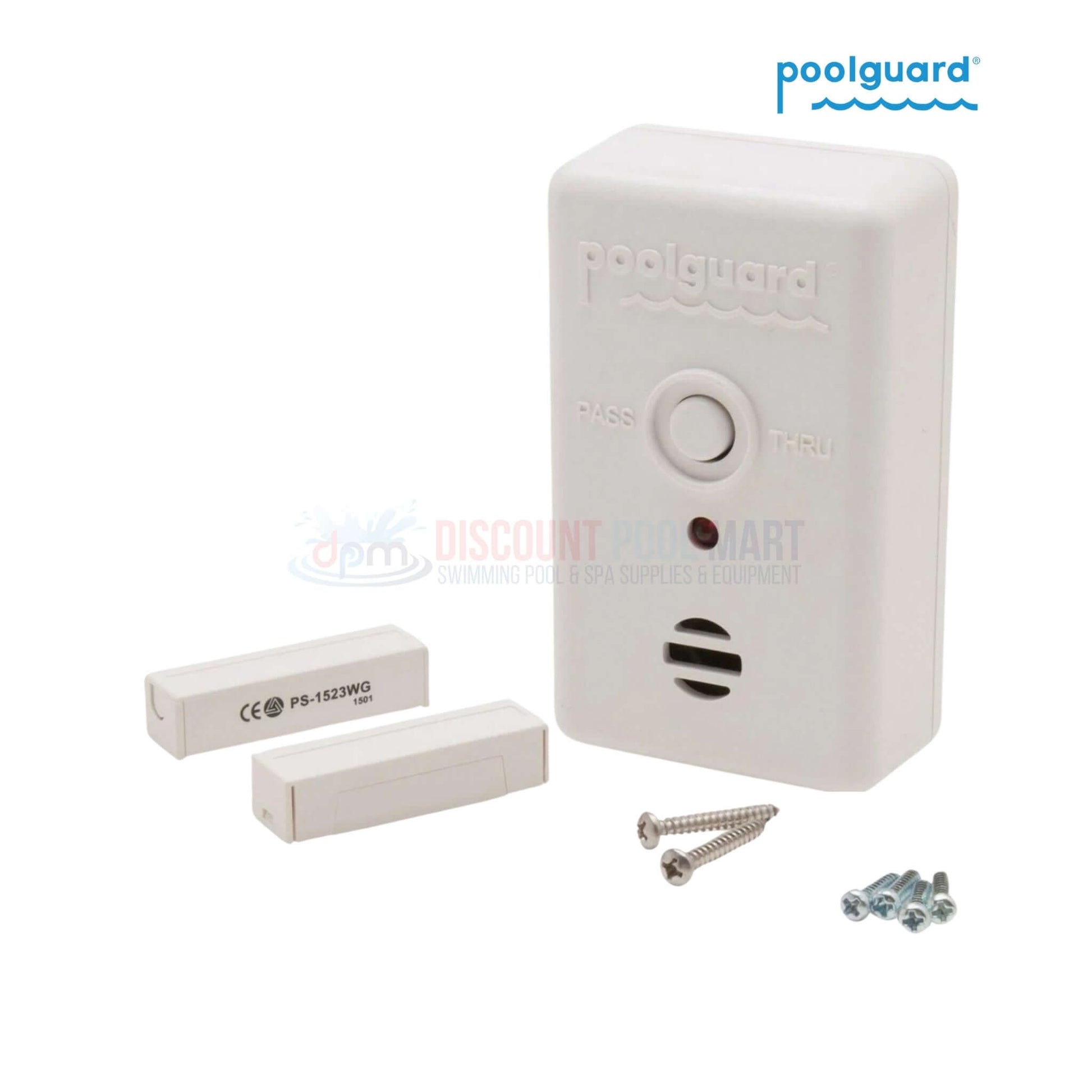 Poolguard Pool Door Alarm in white with magnetic switches, screws, and accessories from Discount Pool Mart DPM.