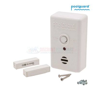 Poolguard Pool Door Alarm in white with magnetic switches, screws, and accessories from Discount Pool Mart DPM.