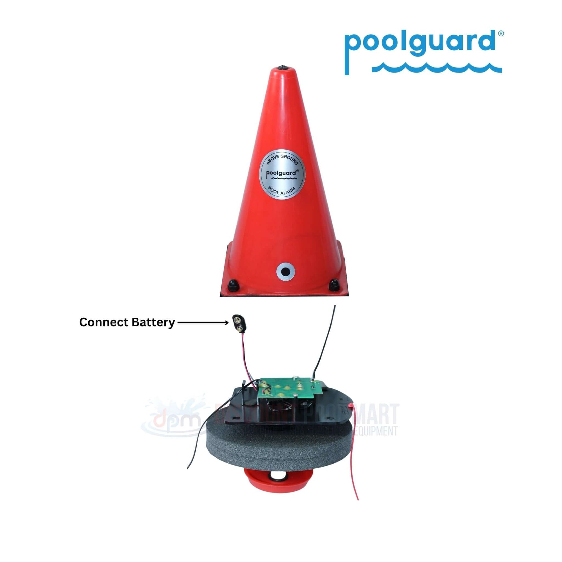 Poolguard Safety Buoy PGRM-SB portable pool alarm from Discount Pool Mart DPM, featuring a battery connection.