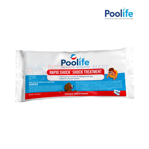 Poolife Rapid Shock Pool Shock Treatment 1 lb packaging, 68% Calcium Hypochlorite, from Discount Pool Mart (DPM), ideal for swimming pool supplies.