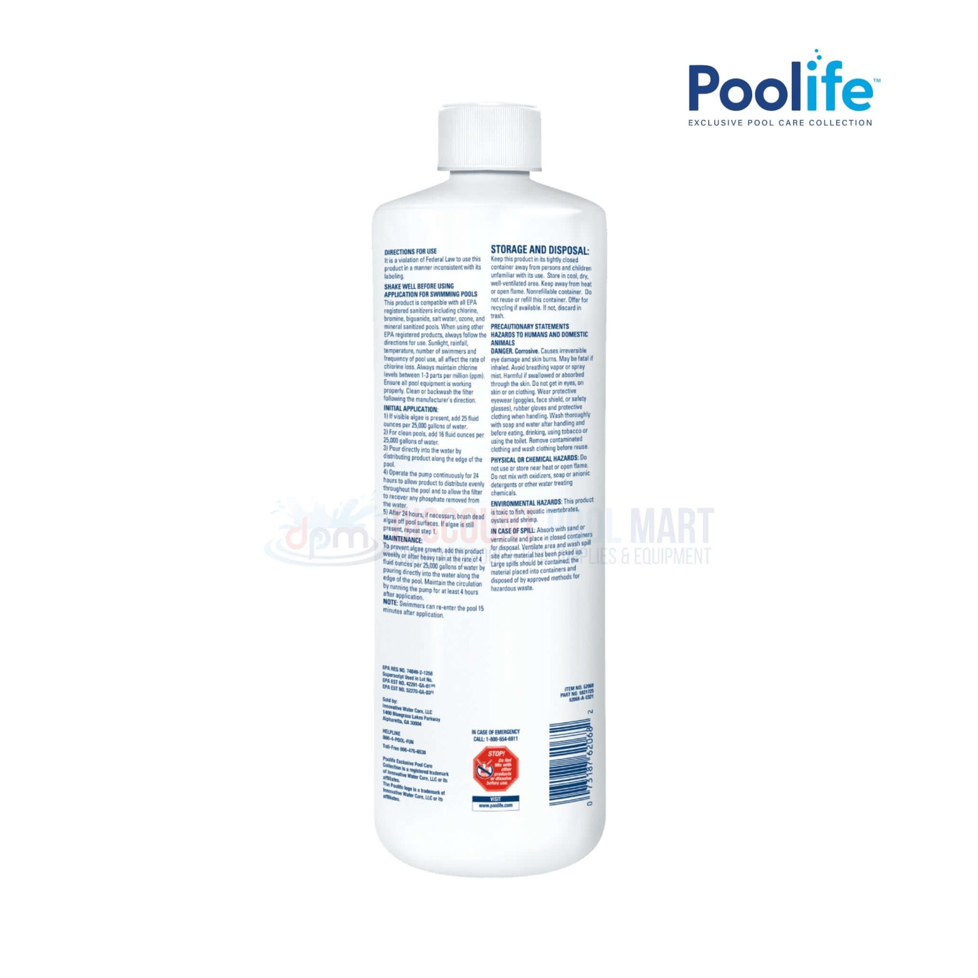 Poolife Super AlgaeBomb 60 Algaecide bottle back label view from Discount Pool Mart DPM, 1 qt, 61110