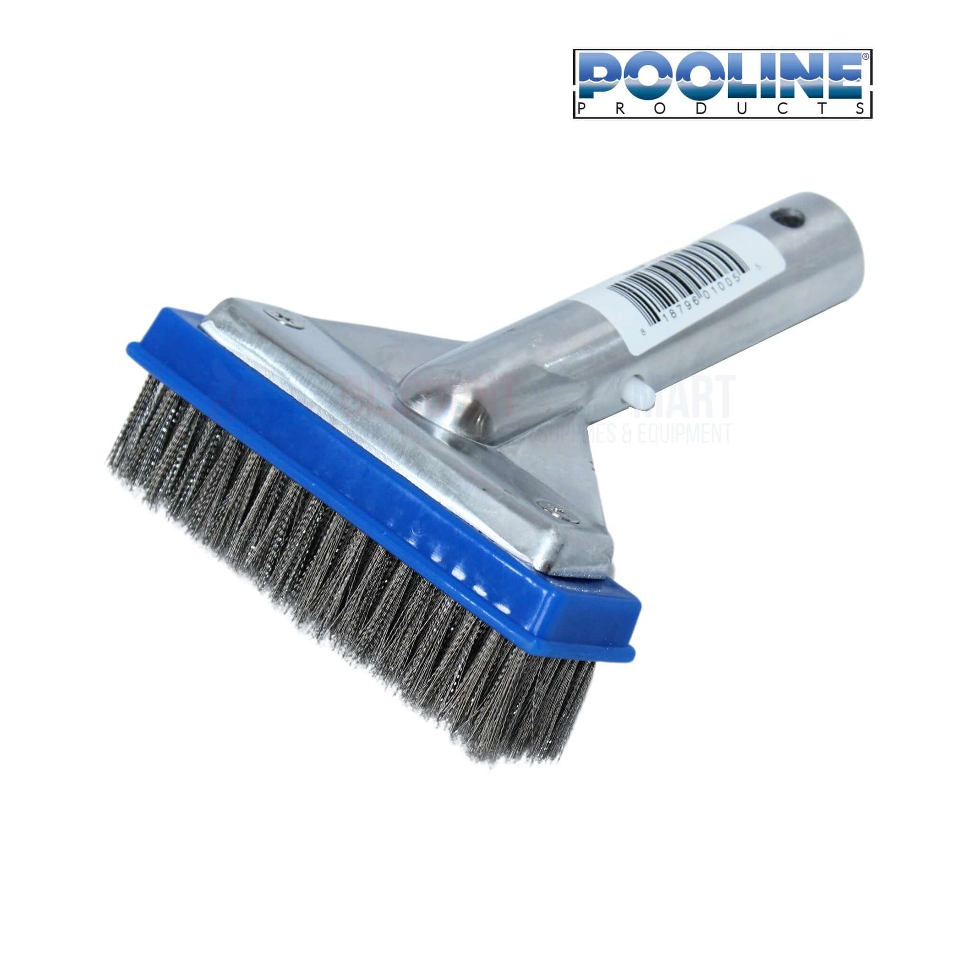 Pooline Stainless Steel Pool Brush 11020 with blue handle, ideal for cleaning pool surfaces, available at Discount Pool Mart.