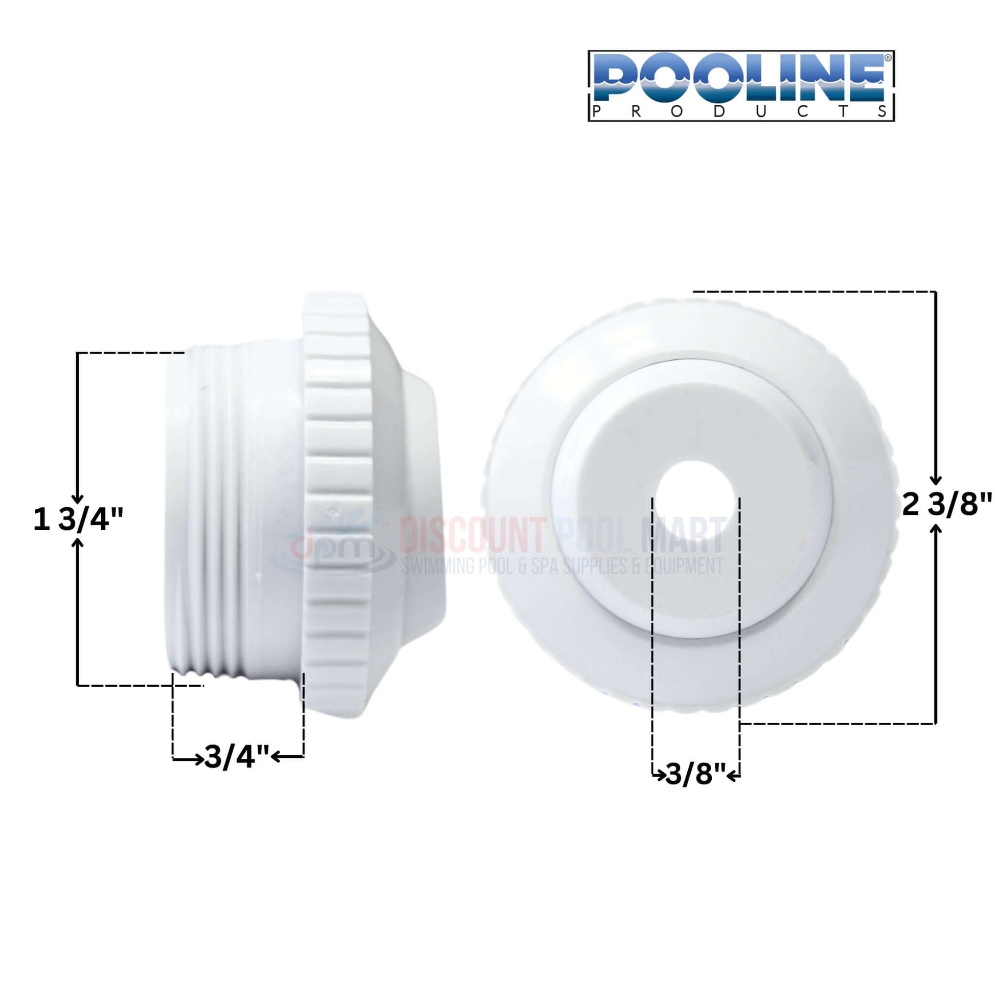 Pooline Threaded Hydrostream Jet 11211D with measurements, 1.5" thread, 0.375" opening, from Discount Pool Mart DPM.