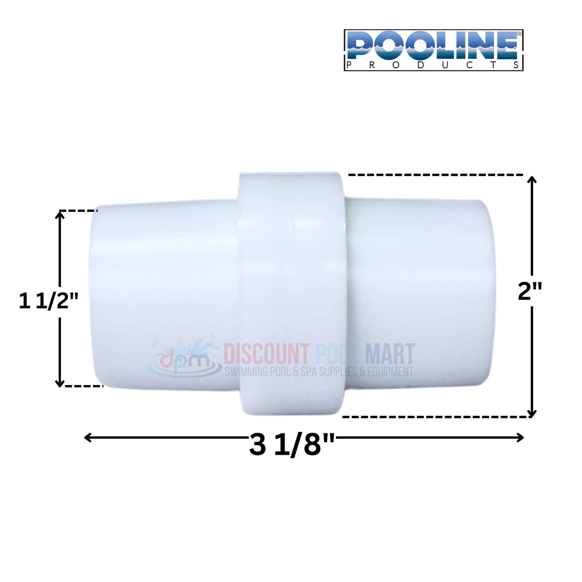 Pooline Male to Male Hose Connector 1.5" dimensions, 3 1/8" x 2" x 1 1/2" for Discount Pool Mart DPM.