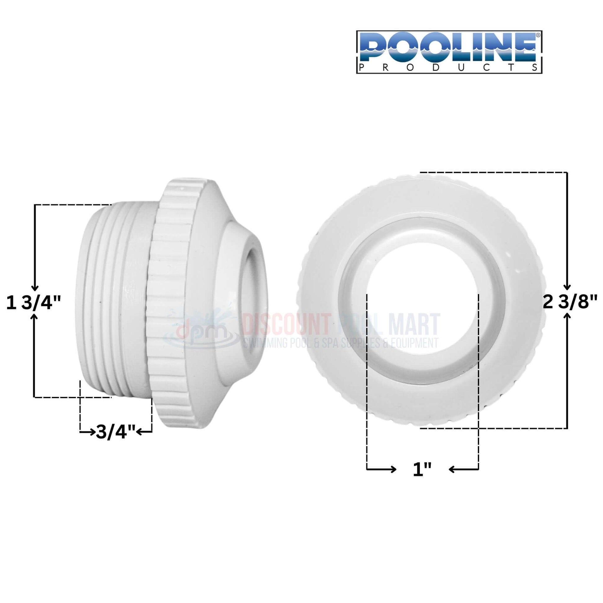 Pooline Hydrostream Jet 11211A with dimensions, 1.5" thread, and 1" opening from Discount Pool Mart (DPM).