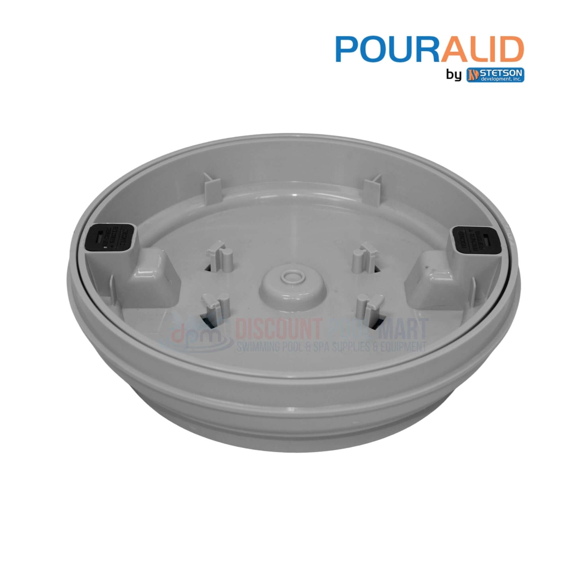 Pour-A-Lid 10 inch Round Skimmer Cover in Gray 201PALGRAY by Discount Pool Mart DPM for pool deck integration.