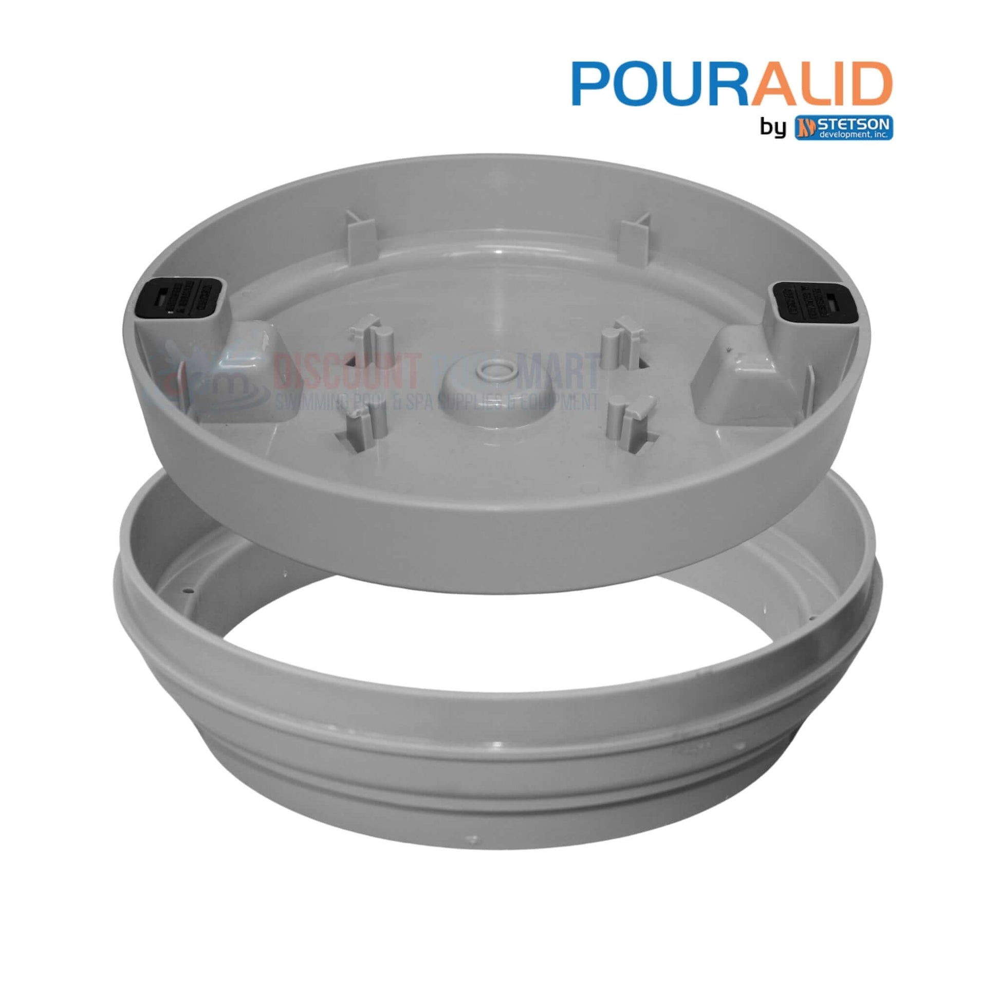 Pour-A-Lid Round Skimmer Cover in Gray 10" by DPM offers a sleek pool deck finish; Durable 2-part design for standard skimmers.