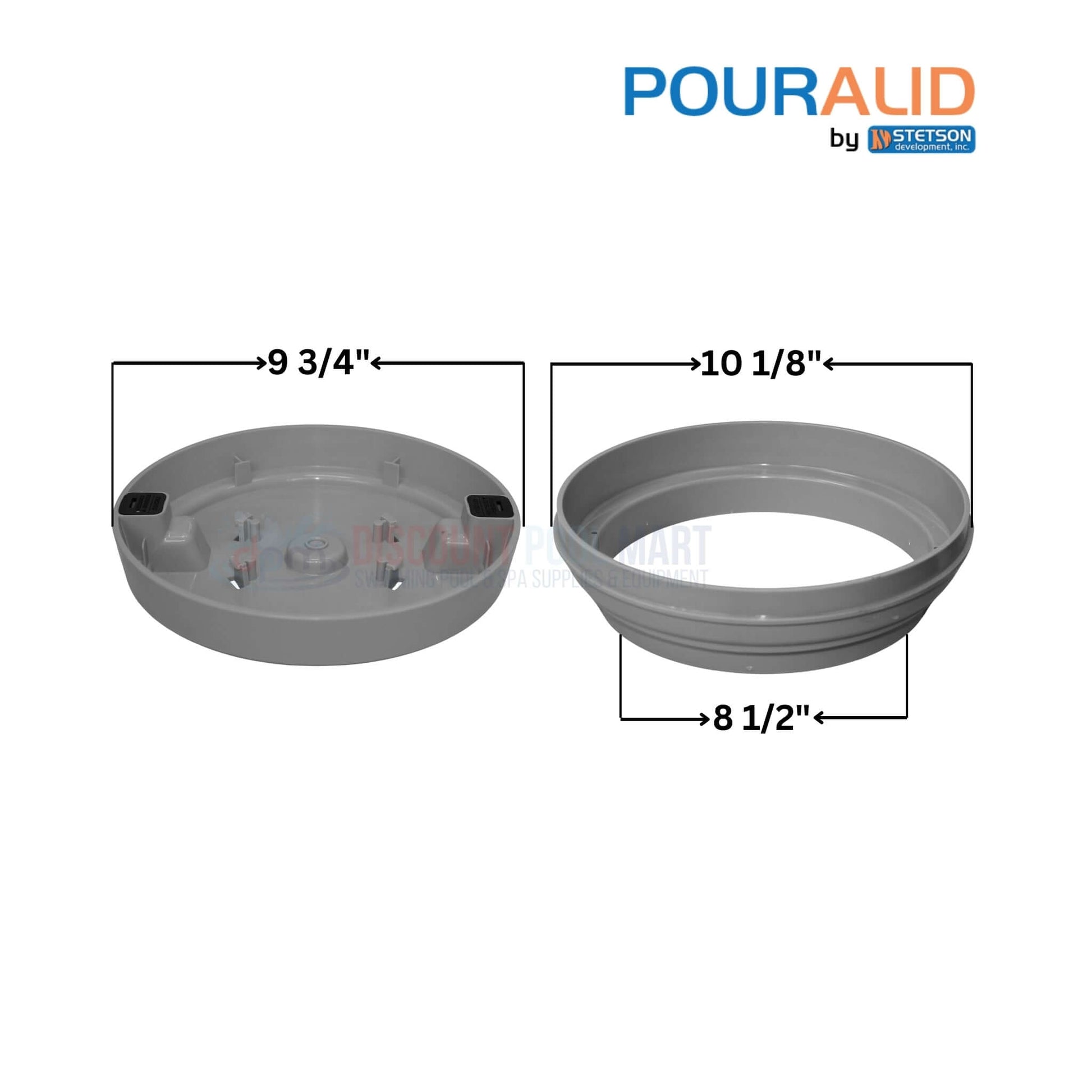 Pour-A-Lid Round Skimmer Cover by Discount Pool Mart DPM; 10" Gray, with dimensions 9 3/4", 10 1/8", and 8 1/2".