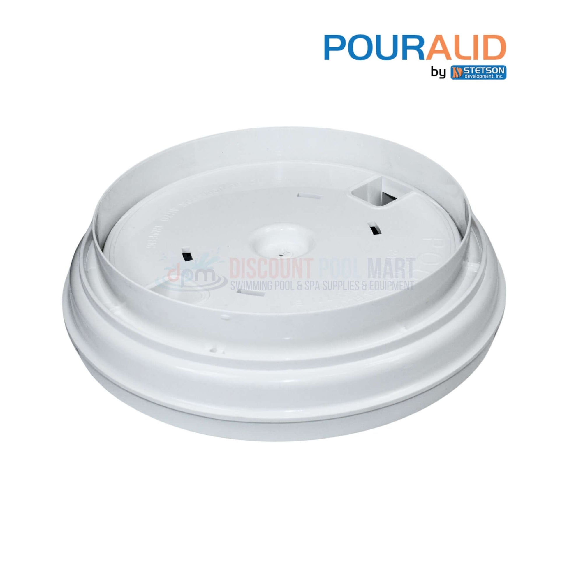 Pour-A-Lid Round Skimmer Cover 10" in White from Discount Pool Mart DPM for seamless pool deck integration.