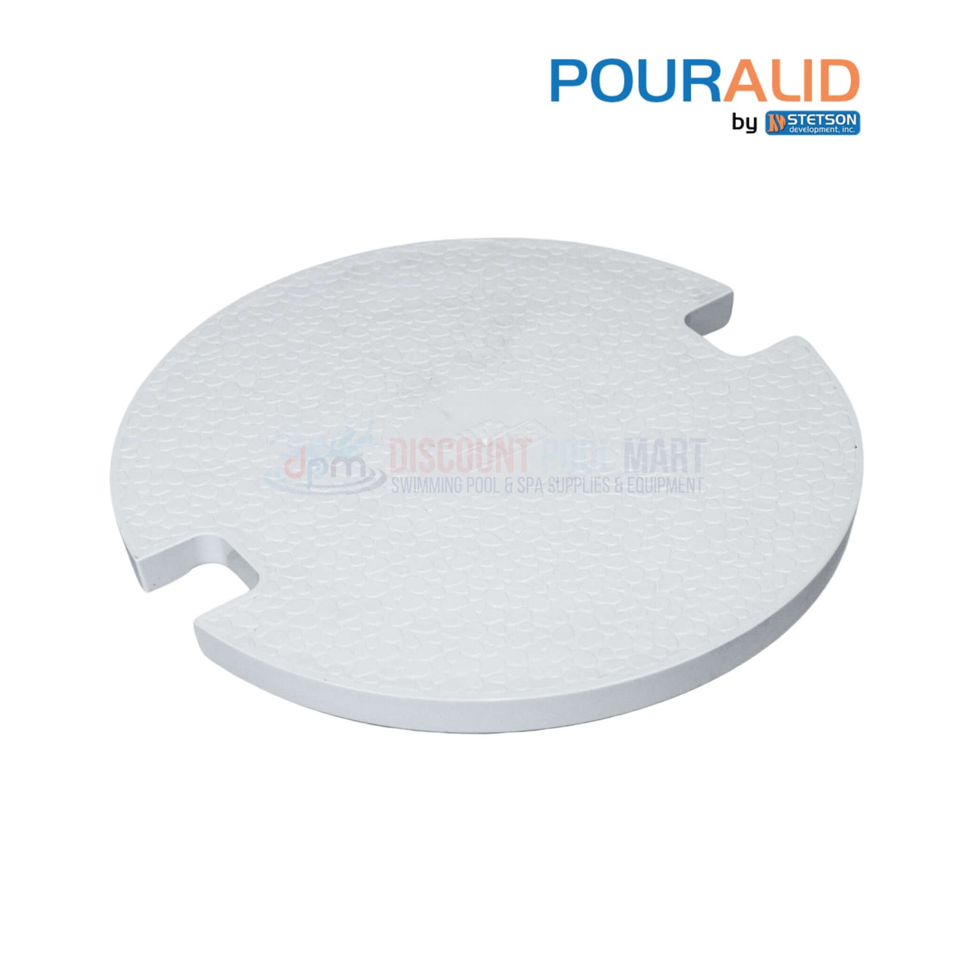 Pour-A-Lid 10 inch round skimmer cover in white 201PALWHITE from Discount Pool Mart DPM for seamless pool deck integration.