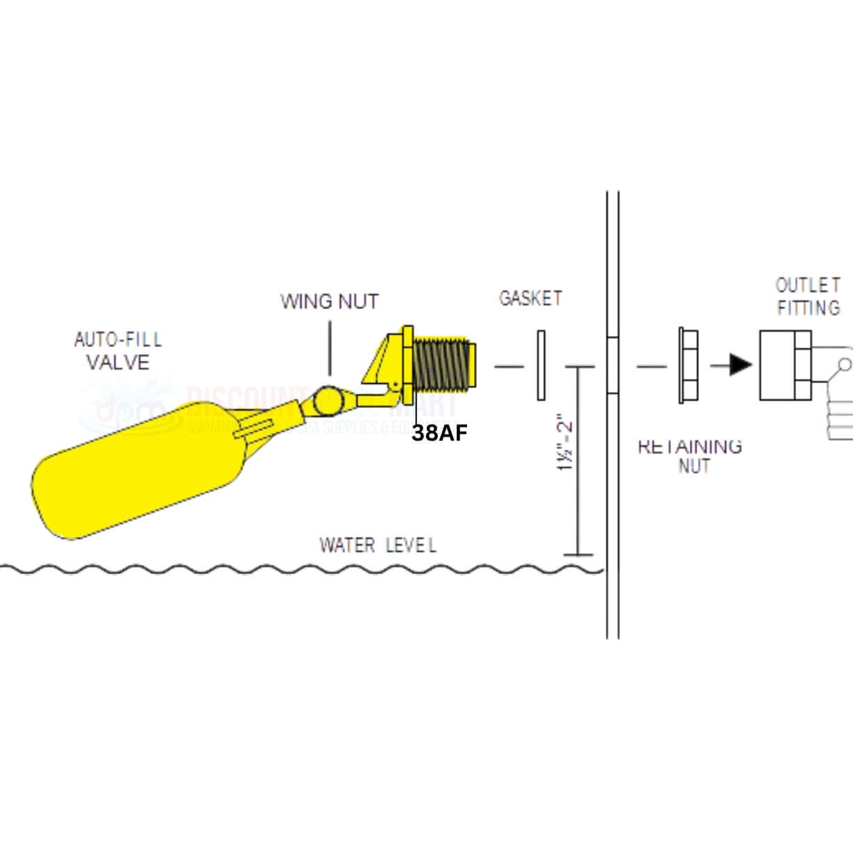 Diagram of Pour-A-Lid Plastic Float Valve 38AF for water level systems from Discount Pool Mart DPM.