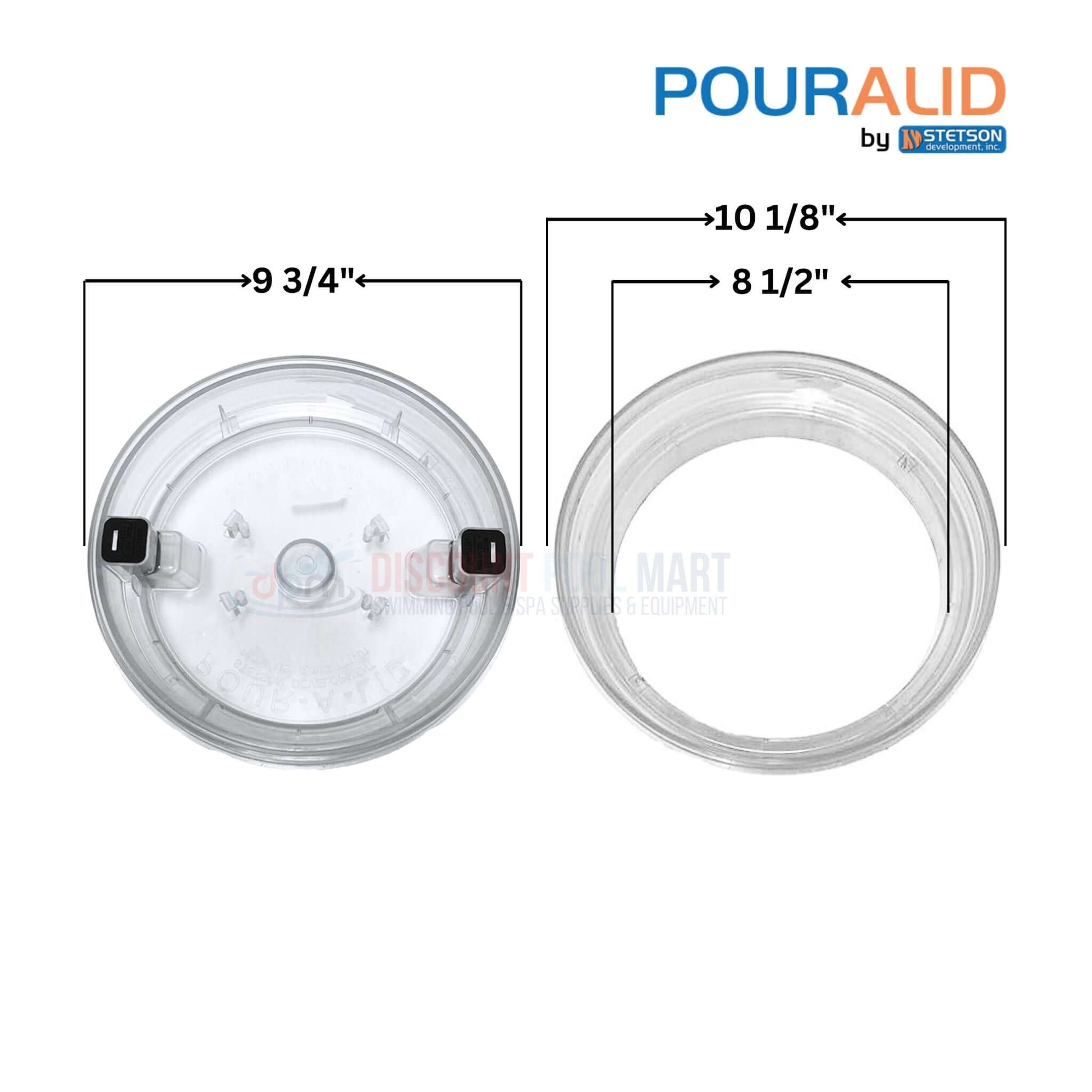 Pour-A-Lid 10" Clear Swimming Pool Skimmer Cover by Discount Pool Mart with dimensions for perfect fit.