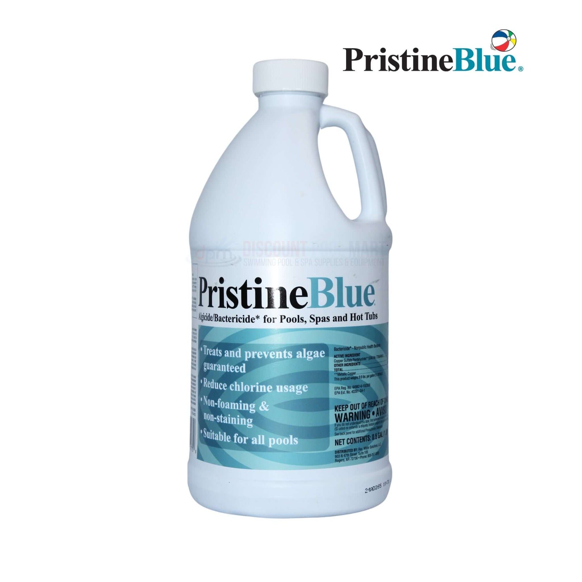 PristineBlue 64oz algaecide & bactericide for pools, spas & hot tubs from Discount Pool Mart DPM, controls algae safely.
