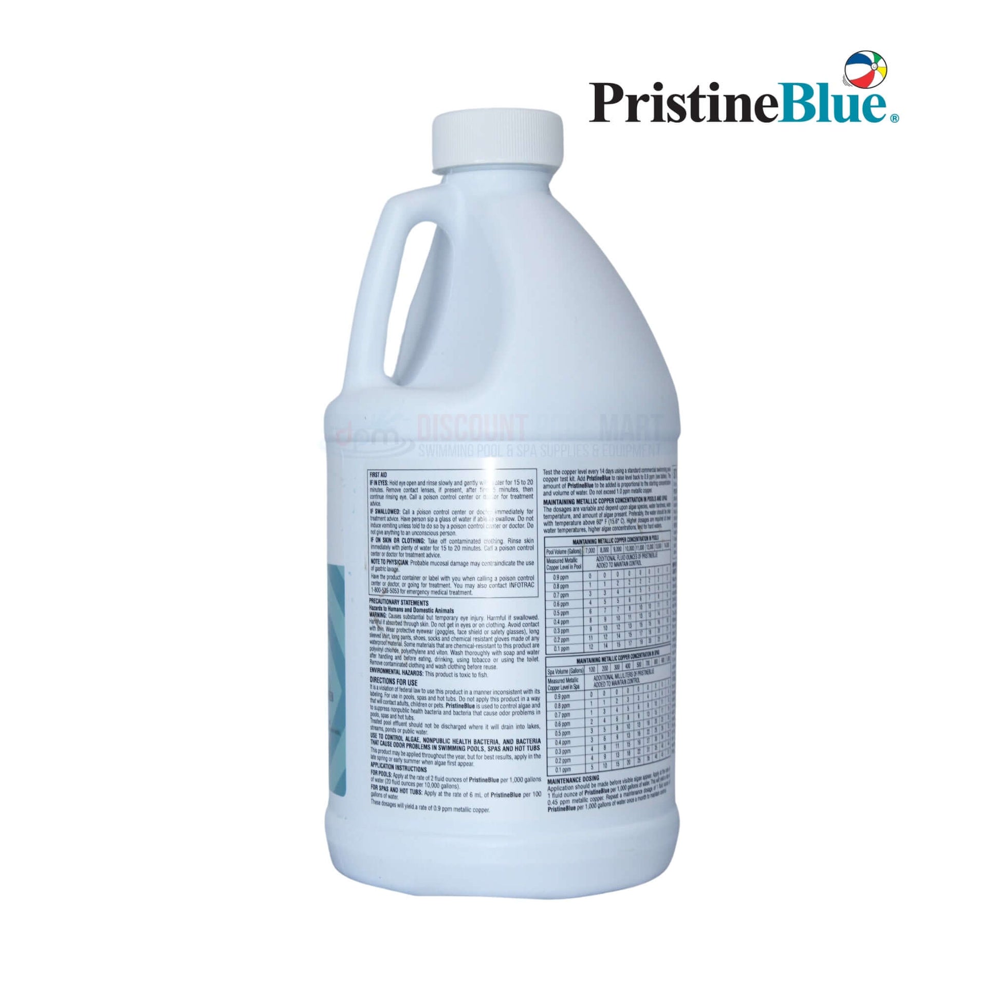 PristineBlue 64oz algaecide and bactericide from Discount Pool Mart, ideal for pool and spa maintenance.