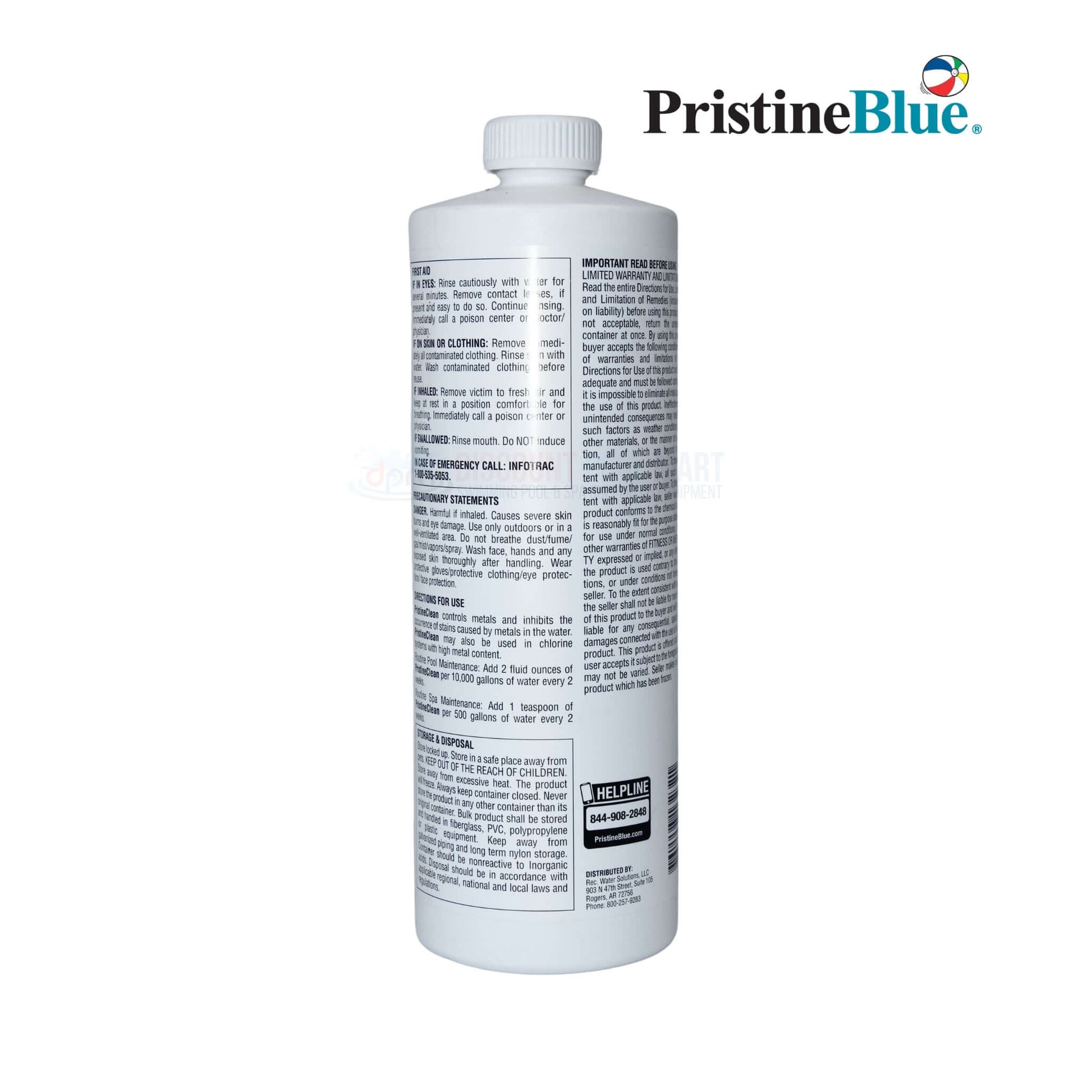 PristineBlue Pristine Clean Metal Control 32oz bottle, scale and metal inhibitor from Discount Pool Mart DPM to maintain pool aesthetics.