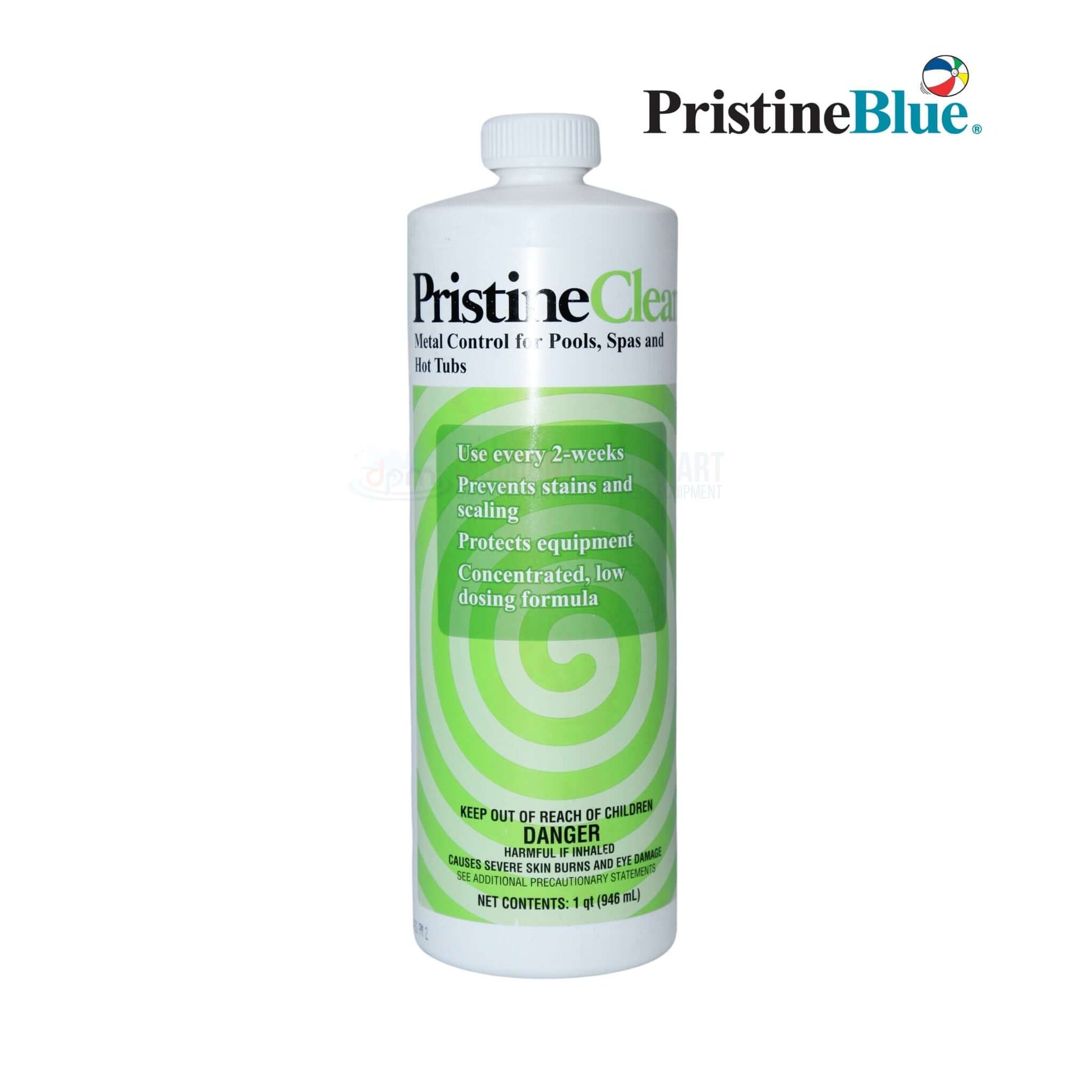 PristineBlue PristineClean 32oz metal control for pools and spas by Discount Pool Mart DPM, prevents stains and scaling.