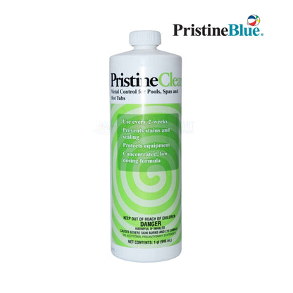 PristineBlue PristineClean 32oz metal control for pools and spas by Discount Pool Mart DPM, prevents stains and scaling.